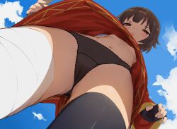 1girl absurdres bandaged_leg bandages bilingual_commentary black_gloves black_panties black_thighhighs breasts brown_hair commentary dress english_commentary fingerless_gloves from_below gloves highres kono_subarashii_sekai_ni_shukufuku_wo! loli megumin mixed-language_commentary navel open_mouth paid_reward_available panties recklessdraw red_dress red_eyes single_thighhigh sky small_breasts solo thighhighs underwear