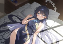 1girl alternate_hairstyle bare_arms bare_shoulders black_dress black_hair blue_archive china_dress chinese_clothes covered_navel dragon_print dress grey_eyes head_on_pillow highres kisaki_(blue_archive) loli long_hair looking_at_viewer lying on_back on_bed parted_lips pillow rcej7787 sidelocks solo wide_hips