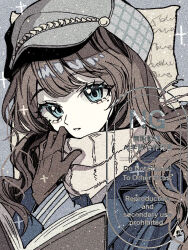 Rule 34 | 1girl, adjusting scarf, blue coat, blue eyes, book, brown gloves, brown hair, coat, film grain, gloves, grey background, grey hat, hand up, hat, long hair, looking at viewer, marcus (reverse:1999), newsboy cap, open book, parted lips, reverse:1999, scarf, solo, sparkle, upper body, watermark, white scarf, yuzu (parasitic 910)