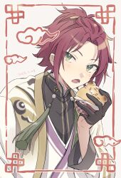 1boy alternate_costume bangs_pinned_back black_gloves chinese_clothes ensemble_stars! food gloves green_eyes high_collar holding holding_food isara_mao jacket looking_to_the_side lower_teeth_only male_focus open_mouth red_hair reijiro short_hair solo steamed_bun tassel teeth upper_body white_jacket xiangyun