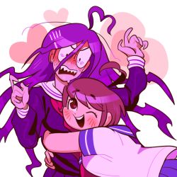 2girls ahoge arm_around_another arms_up blue_skirt blush brown_hair danganronpa_(series) danganronpa_another_episode:_ultra_despair_girls dress ears embarrassed fukawa_toko glomp hair_between_eyes hair_ornament hairclip hands_up heart heart-shaped_pupils hug long_hair long_sleeves looking_at_viewer medium_hair messy_hair multiple_girls naegi_komaru open_mouth palms pink_background pleated_dress pleated_skirt purple_dress purple_hair school_uniform second-party_source serafuku sharp_teeth short_sleeves skirt symbol-shaped_pupils teeth upper_teeth_only white_serafuku yuri