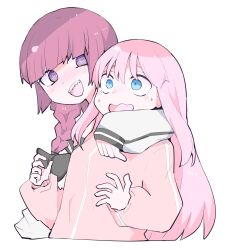 Rule 34 | 2girls, arm over shoulder, black nails, blue eyes, blush, bocchi the rock!, braid, commentary request, gotoh hitori, hair between eyes, hifumitaka, highres, hiroi kikuri, jacket, long hair, long sleeves, multiple girls, open mouth, pink hair, pink jacket, purple hair, simple background, smile, surprised, sweatdrop, track jacket, white background