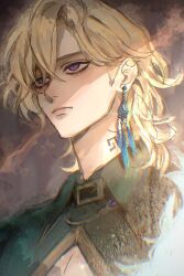 1boy aventurine_(honkai:_star_rail) belt belt_collar black_belt blue_gemstone closed_mouth clothing_cutout collar collared_shirt commentary_request curtained_hair earrings eyelashes frown gem green_shirt highres honkai:_star_rail honkai_(series) jewelry male_focus medium_hair multicolored_eyes neck_tattoo parted_bangs piercing sanpaku shirt short_sideburns single_earring solo tattoo wavy_hair wing_collar xo_5ss