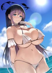 1girl artist_request black_flower black_halo black_rose blue_eyes breasts cupless_bikini flower gloves halo highres huge_breasts indie_virtual_youtuber long_hair looking_at_viewer mole mole_on_breast mole_under_eye partially_submerged purple_hair rose second-party_source sky smile solo very_long_hair water wet yozora_meguru