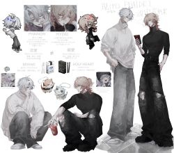 2boys 3girls absurdres alternate_costume blue_eyes braid castorice_(honkai:_star_rail) character_name chibi cipher_(honkai:_star_rail) closed_mouth full_body grey_hair grin highres honkai:_star_rail honkai_(series) hyacine_(honkai:_star_rail) medium_hair multiple_boys multiple_girls multiple_views mydei_(honkai:_star_rail) phainon_(honkai:_star_rail) short_hair sitting smile sunset_1830 teeth translation_request white_background