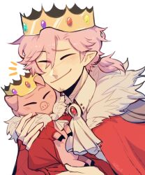Rule 34 | 1boy, absurdres, animal, animalization, animification, ascot, bishounen, brooch, cape, closed eyes, clothed animal, commentary, crown, dual persona, fur-trimmed cape, fur trim, gem, hashtag-only commentary, highres, holding, holding animal, hooves, humanization, jewelry, kotya (kotyaaaaaaaaaal), long hair, male focus, minecraft youtube, person and animalization, pig, pink hair, pointy ears, ponytail, red brooch, red cape, red gemstone, short ponytail, simple background, solo focus, technoblade, tusks, white ascot, white background