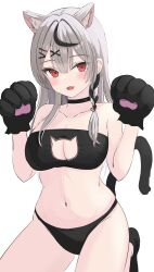 1girl absurdres animal_ears animal_hands black_bra black_choker black_hair black_panties bra breasts cat_cutout cat_ears cat_paws cat_tail choker cleavage cleavage_cutout clothing_cutout grey_hair hair_ornament hairpin highres hololive large_breasts long_hair looking_at_viewer multicolored_hair panties red_eyes sakamata_chloe sidelocks solo streaked_hair tail tamamorh underwear virtual_youtuber x_hair_ornament