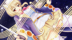 1girl bow bowtie breasts brown_eyes brown_hair conductor_baton downturned_eyes hat highres iris_mysteria! large_breasts laura_kelyrie miniskirt musical_note open_mouth peraplus0112 ribbon skirt thighhighs thighs wide_sleeves