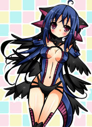 10s 1girl animal_ears armpits arms_up bad_id bad_pixiv_id black_panties blue_hair breasts dragon_tail female_focus gen_5_pokemon hydreigon kawaguchi large_breasts long_hair navel nintendo panties personification pokemon pokemon_(creature) pokemon_bw purple_eyes sazandora solo standing tail thigh_gap thighs underwear wings