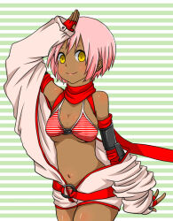 Rule 34 | 1girl, bikini, bikini under clothes, blush, breasts, closed mouth, commentary request, cowboy shot, dark-skinned female, dark skin, elbow gloves, fingerless gloves, gloves, green background, jumpsuit, jumpsuit around waist, large breasts, looking at viewer, mechanic (ragnarok online), meiko (nattu303), pink hair, ragnarok online, red bikini, red gloves, red scarf, salute, scarf, short hair, smile, solo, striped background, striped bikini, striped clothes, swimsuit, v-shaped eyebrows, white bikini, white jumpsuit, yellow eyes