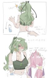 2girls ^^^ anger_vein bare_shoulders bottle breasts cleavage commentary earrings elf elysia_(honkai_impact) english_commentary english_text from_behind green_hair green_nails highres holding_detached_head honkai_(series) honkai_impact_3rd jewelry large_breasts long_hair midriff mobius_(honkai_impact) multiple_girls navel official_alternate_costume ouroboros partially_shaded_face pink_hair pink_nails plastic_bottle pointy_ears poking_back ponytail purple_shirt shirt slit_pupils snake_print sports_bra two-tone_shirt water_bottle white_background white_shirt yaro_yk