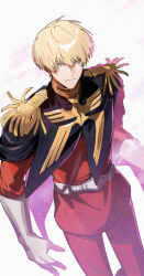 1boy blonde_hair blue_eyes char_aznable epaulettes gloves gundam gundam_gquuuuuux highres jacket long_sleeves looking_at_viewer male_focus military military_uniform nitaka_(fujikichi) red_jacket shirouzu_(gundam) short_hair simple_background solo zeon