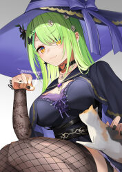 1girl :3 antlers black_bow black_cape black_choker black_dress black_nails bow breasts cape cat ceres_fauna ceres_fauna_(goth) choker cleavage dress fishnet_thighhighs fishnets flower hair_bow hair_flower hair_ornament hairpin hat hat_ribbon heart heart_choker hololive hololive_english horns long_hair long_sleeves purple_bow purple_ribbon ribbon sora_no_tori thighhighs virtual_youtuber white_flower yellow_eyes