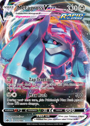Rule 34 | artist name, black sclera, card (medium), character name, closed mouth, colored sclera, company name, copyright name, copyright notice, dynamax, english text, full body, gen 3 pokemon, metagross, metal skin, murayama ryota, nintendo, no humans, official art, pokemon, pokemon (creature), pokemon card, pokemon focus, pokemon tcg, red clouds, red eyes, solo, third-party source, trading card