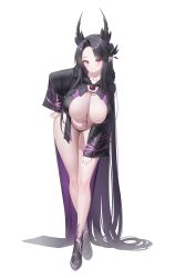 1girl absurdly_long_hair absurdres black_cloak black_hair black_horns black_panties black_shoes blush breasts cleavage cloak closed_mouth crossed_legs full_body fur-trimmed_cloak fur_trim hand_on_own_hip hand_on_own_thigh highres horns huge_breasts keibeam leaning_forward long_hair long_pointy_ears long_sleeves looking_at_viewer navel open_cloak open_clothes original panties pointy_ears red_eyes shiny_skin shoes simple_background smile solo standing underwear very_long_hair white_background wide_sleeves