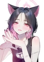 1girl absurdres alternate_costume animal_ears black_hair black_nails blue_archive blush cat_ears chain chain_necklace closed_mouth colored_inner_animal_ears colored_inner_hair ear_piercing earrings extra_ears halo highres jewelry kamiyama_sumu kazusa_(blue_archive) looking_at_viewer multicolored_hair nail_polish necklace piercing pink_hair pink_halo red_eyes shirt short_hair simple_background sleeveless sleeveless_shirt solo two-tone_hair white_background