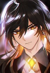 1boy bad_id bad_twitter_id black_background black_hair brown_hair closed_mouth collar collared_shirt earrings genshin_impact glowing hair_between_eyes jewelry long_hair looking_at_viewer male_focus multicolored_hair shirt simple_background single_earring solo sssss2222 symbol-shaped_pupils tassel tassel_earrings yellow_eyes zhongli_(genshin_impact)