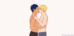2boys abs animated animated_gif aomine_daiki arms_up artist_name bed black_pants black_shoes blonde_hair blue_hair blue_pants closed_eyes commentary dark-skinned_male dark_skin english_commentary hands_on_another&#039;s_waist kise_ryouta kiss kittlekrattle kuroko_no_basuke lying lying_on_person male_focus multiple_boys nipples on_back on_bed pants pectorals pillow shoes short_hair shoving simple_background smile teeth third-party_source toned toned_male topless_male white_background yaoi