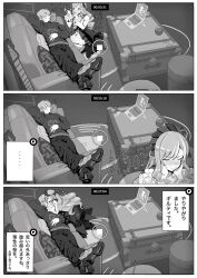 1boy 1girl closed_eyes computer couch drill_hair greyscale highres kiss laptop long_hair long_sleeves mazarimon monochrome recording shoes sleeping translation_request vivian_(zenless_zone_zero) wise_(zenless_zone_zero) zenless_zone_zero