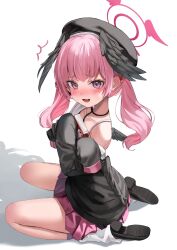 1girl black_hair black_hat black_shirt black_wings blue_archive blush book feathered_wings flower hair_flower hair_ornament hat head_wings highres holding holding_book koharu_(blue_archive) long_hair looking_at_viewer low_twintails open_mouth pink_eyes pink_hair pink_skirt red_flower shaffelli shirt sidelocks single_bare_shoulder sitting skirt sleeves_past_fingers sleeves_past_wrists solo sweatdrop twintails wariza wings
