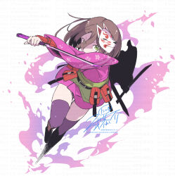 1girl brown_hair etrian_odyssey fox_mask green_eyes hair_between_eyes highres holding holding_sword holding_weapon japanese_clothes kimono mask mask_on_head nikki_kyousuke ninja ninjatou pink_kimono purple_thighhighs scarf sekaiju_no_meikyuu sekaiju_no_meikyuu_3 shinobi_(sekaiju) shinobi_4_(sekaiju) short_kimono short_sword skindentation solo sword thighhighs weapon zettai_ryouiki