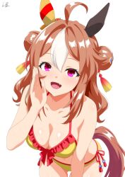 1girl :d animal_ears bent_over bikini blush breasts brown_hair cleavage collarbone commentary_request copano_rickey_(umamusume) double_bun ear_covers frilled_bikini frills hair_bun hair_ornament highres horse_ears horse_girl jewelry leaning_forward long_hair medium_breasts multicolored_hair navel necklace open_mouth pink_eyes plaid_bikini plaid_clothes side-tie_bikini_bottom signature single_hair_bun smile solo streaked_hair swimsuit tassel tassel_hair_ornament umamusume white_background yamaboshi_ryuu yellow_bikini