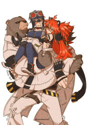 2boys 2girls animal_ears annoyed anton_ivanov artist_name barefoot bear_boy bear_ears ben_bigger black_hair black_tank_top blush brown_fur carrying carrying_multiple_people carrying_person commentary_request goggles goggles_on_head grace_howard highres himuronanart jacket koleda_belobog looking_at_another multiple_boys multiple_girls pants red_hair scar scar_across_eye scar_on_face shaking smile tank_top twintails twitter_username white_background white_jacket white_pants zenless_zone_zero
