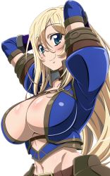 Rule 34 | 1girl, absurdres, arms behind head, arms up, azure (armor), blonde hair, blue eyes, blush, breasts, capcom, center opening, clarice (mezeporta kaitaku-ki), cleavage, closed mouth, elbow gloves, female focus, gloves, groin, highres, j.h., large breasts, long hair, looking at viewer, monster hunter (series), monster hunter mezeporta kaitaku-ki, navel, puffy short sleeves, puffy sleeves, purple gloves, short sleeves, simple background, smile, solo, stomach, upper body, white background