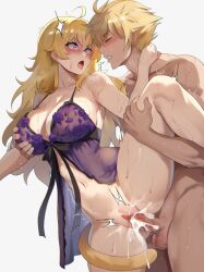 1boy 1girl babydoll blonde_hair blush bottomless closed_eyes clothed_female_nude_male commission cowboy_shot cum cum_in_pussy ejaculation grabbing_another&#039;s_breast groping heart heart-shaped_pupils highres lainart long_hair navel nude purple_babydoll purple_eyes pussy pussy_juice rwby saliva saliva_trail sex short_hair simple_background standing standing_on_one_leg standing_sex sun_wukong sweat symbol-shaped_pupils tongue tongue_out vaginal white_background yang_xiao_long