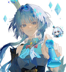 Rule 34 | 1girl, absurdres, blue dress, blue eyes, blue hair, breasts, cerydra (honkai: star rail), chess piece, chibi, chibi inset, crown, detached sleeves, dress, hashtag-only commentary, highres, holding, holding chess piece, honkai: star rail, honkai: star rail sticker redraw (meme), honkai (series), medium breasts, meme, official art inset, pawn (chess), simple background, smile, solo, upper body, white background, yeon gaeng