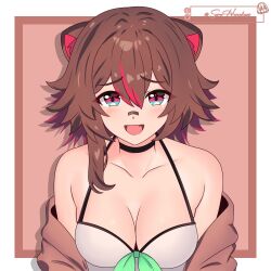 1girl :d animal_ears bandaid bandaid_on_face bandaid_on_nose bare_shoulders black_choker blue_eyes border bow breasts brown_background brown_hair brown_jacket camisole choker commentary facebook_logo fang frown green_bow hair_between_eyes hair_flaps halter_shirt halterneck hamakaze_art highres jacket light_blush looking_at_viewer medium_breasts multicolored_eyes multicolored_hair off_shoulder open_mouth outside_border owozu raccoon_ears raccoon_girl rakkun_sutaru red_eyes red_hair short_hair smile spanish_commentary streaked_hair twitter_logo twitter_username two-tone_hair upper_body virtual_youtuber white_border white_camisole