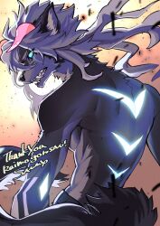 1boy black_fur blue_eyes body_fur commentary commission english_commentary eye_trail furry furry_male grey_hair horns light_trail long_hair looking_at_viewer looking_back male_focus open_mouth orange_background original sammy_(freezingsammy) skeb_commission solo tail topless_male upper_body wind wolf_boy