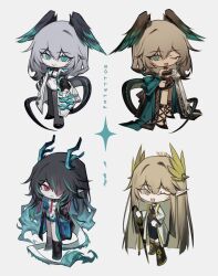 3girls aqua_eyes aqua_feathers aqua_hair aqua_wings arknights artist_name black_coat black_dress black_feathers black_hair black_wings boots chibi coat dragon_girl dragon_horns dress dusk_(arknights) feathers gradient_hair green_hair grey_hair hair_over_one_eye head_wings ho&#039;olheyak_(arknights) ho&#039;olheyak_(carriage_of_the_winds_of_time)_(arknights) horns long_hair long_sleeves muelsyse_(arknights) multicolored_hair multiple_girls necktie official_alternate_costume one_eye_closed open_clothes open_coat pencil_dress pointy_ears potettoe simple_background snake_girl snake_tail tail two-tone_feathers two-tone_wings very_long_hair white_background white_coat white_dress wings