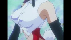 1990s_(style) 1girl animated animated_gif bouncing_breasts breasts elbow_gloves covered_erect_nipples gainax gloves misty_may otaku_no_video pink_hair playboy_bunny short_hair