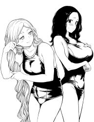 2girls absurdres blush breasts closed_mouth commentary_request drying drying_hair drying_own_hair greyscale hand_on_own_chest highres kuroki_yuushin large_breasts long_hair medium_breasts monochrome multiple_girls one-piece_swimsuit original smile standing swimsuit thighs