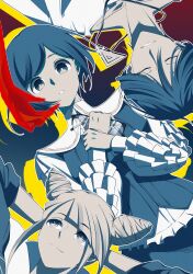 Rule 34 | 1boy, 2girls, arms behind head, closed eyes, collared shirt, commentary request, cone hair bun, diagonal bangs, disembodied hand, double bun, frilled shirt, frilled sleeves, frills, fukurai azami, glasses, hair bun, highres, holding, holding removed eyewear, kuroari, limited palette, long sleeves, looking at another, looking at viewer, lying, meguriya ayumu, multiple girls, on back, puffy long sleeves, puffy sleeves, shirt, short hair, skirt, smile, tomarigi yasumi, toshi densetsu kaitai center, triangle necklace, unworn eyewear, upside-down
