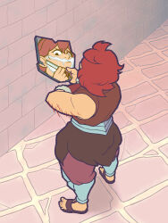 1girl absurdres brick_floor dungeon_meshi dwarf edmendozaart from_above full_body furrowed_brow highres holding holding_razor medium_hair namari_(dungeon_meshi) razor red_hair shaving shaving_beard shaving_cream sideways_mouth solo straight_razor thick_arm_hair