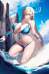 1girl absurdres alternate_costume asuna_(blue_archive) bare_shoulders bikini blue_archive blue_bikini blue_eyes blue_halo blue_nails blue_sky breasts brown_hair cleavage cloud collarbone commentary_request day fingernails hair_over_one_eye halo hands_up highres large_breasts long_hair miisang47 nail_polish navel outdoors sky solo stomach swimsuit very_long_hair wardrobe_malfunction
