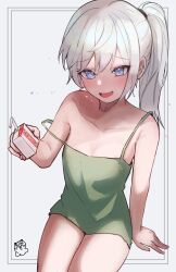 1girl absurdres alcohol_carton artist_request blue_eyes bocchi_the_rock! commentary_request commission cosplay dress green_dress highres hiroi_kikuri hiroi_kikuri_(cosplay) holding_carton invisible_chair korean_commentary long_hair looking_at_viewer open_mouth original second-party_source sitting smile solo strap_slip white_hair