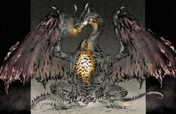 Rule 34 | absurdres, breath weapon, breathing fire, calligraphy brush (medium), claws, deadpool yuchan, digitigrade, dragon, dragon horns, dragon wings, fatalis, fire, glowing, glowing chest, glowing eyes, highres, horns, monster, monster focus, monster hunter (series), multiple horns, no humans, open mouth, pillarboxed, rearing, scales, sharp teeth, signature, solo, spikes, sumi-e, tail, teeth, wings, yellow eyes