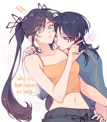 ! !! 2girls alternate_costume alternate_hair_length alternate_hairstyle aqua_eyes aqua_shirt black_hair black_nails blunt_ends camisole casual closed_mouth collarbone colored_tips contemporary cropped_shirt drawstring earrings english_text eyelashes eyeliner eyeshadow genderswap genderswap_(mtf) genshin_impact gold_trim grey_pants hair_tie hand_on_another&#039;s_hip hand_on_another&#039;s_shoulder hand_up heads_together jewelry long_hair looking_at_another looking_at_viewer makeup midriff mona_(genshin_impact) multicolored_hair multiple_girls navel nxomii_herx pants parted_bangs pink_lips purple_hair red_eyeliner red_eyeshadow scaramouche_(genshin_impact) shirt sidelocks tsurime twintails wispy_bangs yellow_camisole