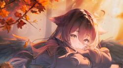 1girl ahoge arm_pillow arms_on_table autumn autumn_leaves black_gloves black_hair black_wings brown_hair commentary commission crossed_arms gloves hair_between_eyes hair_ornament head_on_arm hel_(vtuber) highres indie_virtual_youtuber kagefumi leaf long_hair long_sidelocks long_sleeves looking_at_viewer maple_leaf sidelocks solo symbol-only_commentary tree upper_body wings yellow_eyes