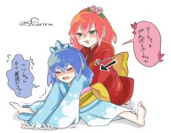 2girls assisted_stretching barefoot blue_hair blue_kimono blush closed_eyes flower fubukihime green_eyes hair_flower hair_ornament heart japanese_clothes kimono multiple_girls nipachann open_mouth pink_flower red_hair red_kimono signature simple_background soles speech_bubble translation_request tsubakihime_(youkai_watch) white_background youkai_(youkai_watch) youkai_watch