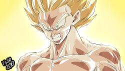 Rule 34 | 1boy, aura, blonde hair, clenched teeth, commentary, dragon ball, dragonball z, english commentary, engrish commentary, furrowed brow, green eyes, highres, male focus, mixed-language commentary, muscular, muscular male, pectorals, portrait, ruto830, serious, signature, solo, son goku, super saiyan, super saiyan 1, teeth
