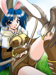 1girl 2000s_(style) animal_ears bird bow_(weapon) brown_gloves brown_shirt brown_shorts brown_skirt brown_socks closed_mouth commentary_request crop_top cropped_jacket eagle elbow_gloves fake_animal_ears feet_out_of_frame fingerless_gloves gloves holding holding_bow_(weapon) holding_weapon hunter_(ragnarok_online) jacket long_hair looking_at_viewer midriff miniskirt rabbit_ears ragnarok_online shirt short_shorts short_sleeves shorts shorts_under_skirt skirt smile socks solo tatsumi_ray weapon white_jacket