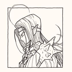 Rule 34 | 1boy, ahoge, armor, closed mouth, dragon quest, dragon quest iv, hairband, lineart, long hair, male focus, parted bangs, pauldrons, pisaro, pointy ears, profile, shoulder armor, shoulder spikes, skull ornament, solo, spikes, tcgf 04, toriyama akira (style), upper body, white background