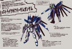 bazooka_(gundam) beam_rifle char&#039;s_counterattack char&#039;s_counterattack_-_beltorchika&#039;s_children character_profile commentary_request energy_gun fin_funnels fujitaka_nasu full_body fusion gun gundam gundam_seed gundam_seed_freedom hi-nu_gundam highres holding holding_gun holding_weapon mecha multiple_views no_humans robot science_fiction shield strike_freedom_gundam translation_request v-fin weapon yellow_eyes