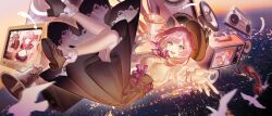 1girl alternate_costume annotated black_shoes black_skirt blue_eyes boombox breasts brown_hat city commentary_request crt elysia_(honkai_impact) hat high-waist_skirt highres holding honkai_(series) honkai_impact_3rd large_breasts long_hair long_skirt looking_at_viewer midair open_mouth phone pink_hair pink_pupils pointy_ears reaching reaching_towards_viewer sang_sha shirt shoes skirt smile solo speaker stereo yellow_shirt