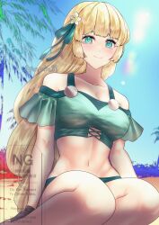 Rule 34 | 1girl, bare shoulders, beach, bikini, bikini shorts, blonde hair, blush, breasts, cleavage, closed mouth, collarbone, crop top, fingerless gloves, fire emblem, fire emblem: three houses, fire emblem heroes, flower, gloves, green bikini, green eyes, green ribbon, hair flower, hair ornament, highres, ingrid brandl galatea, ingrid brandl galatea (summer), long hair, medium breasts, navel, nintendo, off-shoulder bikini, off shoulder, official alternate costume, outdoors, ponpoko89, ribbon, shorts, smile, solo, stomach, swimsuit