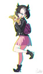 1girl :d absurdres aqua_eyes asymmetrical_bangs backpack bag black_boots black_hair black_jacket blush boots chamsik27 closed_mouth eyelashes full_body gen_8_pokemon hair_ribbon highres holding holding_pokemon jacket leather leather_jacket long_sleeves marnie_(pokemon) morpeko morpeko_(full) nintendo open_mouth pink_shirt pokemon pokemon_(creature) pokemon_swsh red_bag red_ribbon ribbon shirt simple_background smile standing standing_on_one_leg twintails undercut white_background